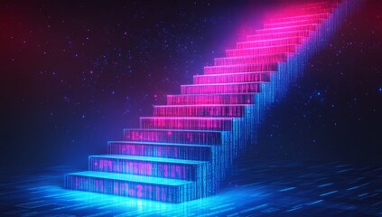 Wall Mural - neon glowing staircase ascending into digital space.