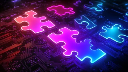 Poster - Digital technology, business, and data connection concept. Glowing puzzle pieces and circuit board. Futuristic circuit board. Futuristic technology. Symbolizing technology connectivity. Abstract tech 