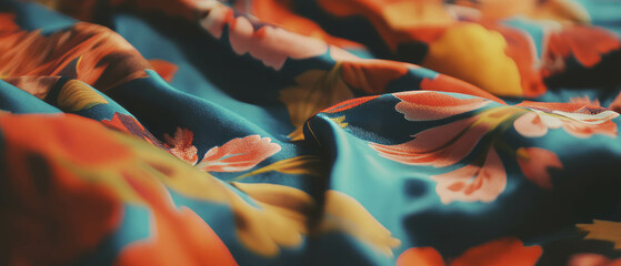 Poster - Vibrant printed silk with floral patterns in rich colors showcasing exquisite texture