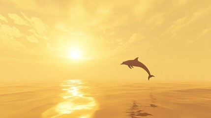 Poster - Silhouette of a dolphin jumping during sunset, with warm colors in the sky and golden reflections on the ocean