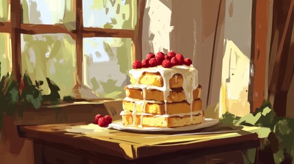 Poster - Stack of buttery French toast drizzled with syrup and topped with fresh berries, creating a delicious, inviting breakfast scene
