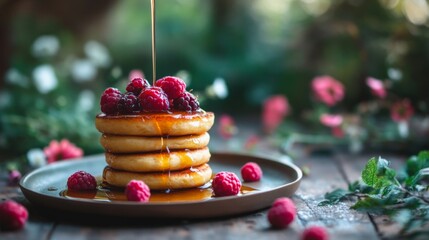 Poster - Stack of buttery French toast drizzled with syrup and topped with fresh berries, creating a delicious, inviting breakfast scene