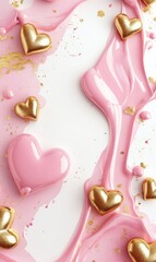 Wall Mural - Background with 3d paint splashes in pink color and golden hearts. Valentine's day holiday concept background with copyspace for your text