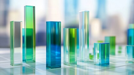 Poster - Transparent blue and green D bars standing on a white grid, casting reflections on a glassy surface for a clean, modern look