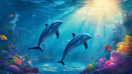 Poster - Underwater view of dolphins gliding through sunlit water, creating a calm and magical scene in their natural habitat