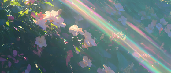 Poster - Sunlight filters through blooming flowers creating a serene atmosphere in a garden environment