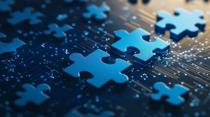 Poster - Digital technology background with digital puzzle pieces. Puzzle pieces and digital circuit board. Futuristic technology. Abstract Technology Network. Artificial intelligence. Technology integration