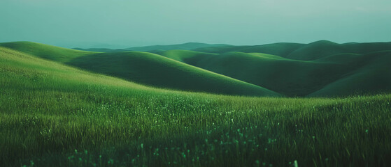 Poster - Rolling hills adorned with lush greenery under a soft, serene sky at dusk