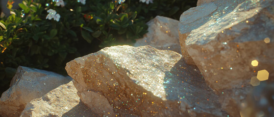 Poster - Rough-hewn stones glisten under sunlight amid vibrant greenery and textured surfaces