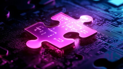 Poster - Digital technology background with digital puzzle pieces. Puzzle pieces and digital circuit board. Futuristic technology. Abstract Technology Network. Artificial intelligence. Technology integration