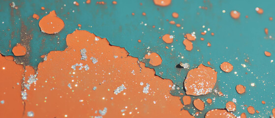 Poster - Unique textures of rust and flaking paint with vibrant orange and turquoise hues