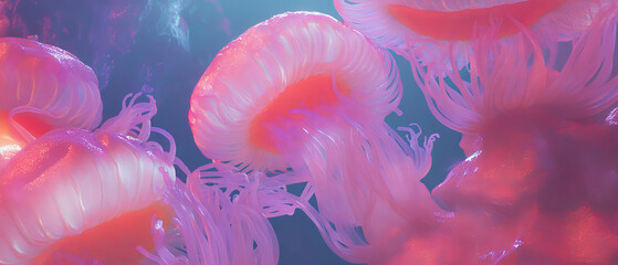 Poster - Vibrant sea anemones with flowing tentacles in an underwater environment