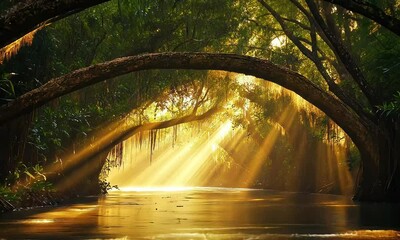 Wall Mural - Golden sunlight filtering through lush green trees over tranquil water creating a serene and enchanting forest scene at dusk with reflections shimmering on the surface.