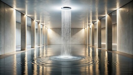 Wall Mural - Serene indoor waterfall cascading into a reflecting pool within a minimalist architectural space