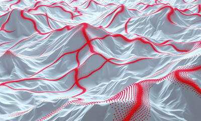 Poster - Abstract landscape with white waves and red dotted patterns creating dynamic visual effect. design evokes sense of movement and depth in modern style
