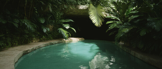 Poster - Hidden grotto with tranquil pools and vibrant vegetation in lush surroundings