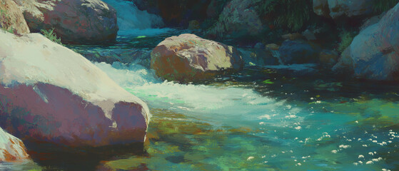 Aufkleber - Flowing currents and crystal-clear waters of serene rivers at midday