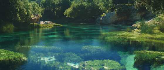 Poster - Serene river waters flowing gently through lush greenery in a tranquil natural setting