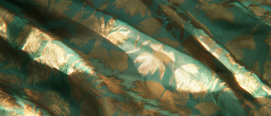 Poster - Luxurious silk brocade texture showcasing intricate woven patterns in vibrant colors