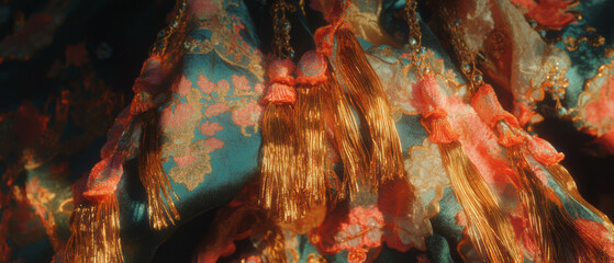 Poster - Textured silk tassels with flowing threads enhance decorative details in vibrant colors