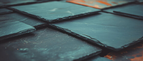 Poster - Textured dark slate tiles arranged in a layered pattern showcasing nature's beauty