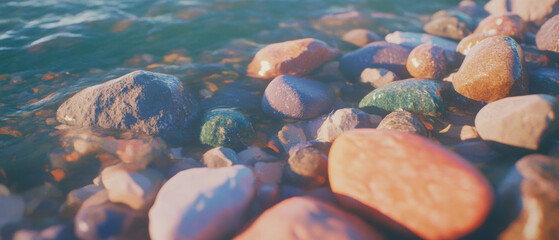 Poster - Exploring the beauty of smooth river stones in various colors and shapes by the water
