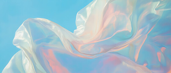 Poster - Flowing silk fabric with soft sheen displaying gentle movement against a clear blue background