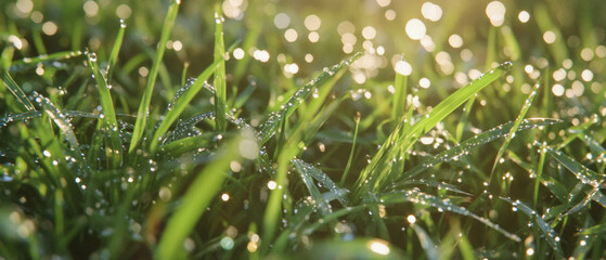 Poster - Sparkling dewdrops on smooth grass blades in golden morning light