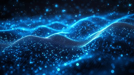Poster - Brilliant waves of blue light rays weave through the darkness, creating an ethereal and dynamic background filled with vibrant energy and depth