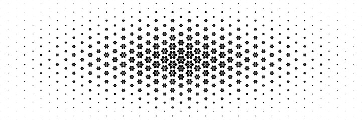 Poster - horizontal halftone of modern black symbol spread from center for pattern and background.