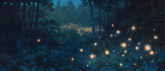 Poster - Twinkling stars illuminate a deep blue sky over a tranquil night landscape