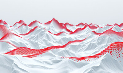 Abstract landscape with red and white wave patterns creating dynamic visual effect, evoking sense of movement and depth