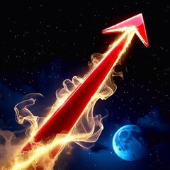 Wall Mural - Digital 3D red arrow pointing up against colorful night sky background symbolizes growth dynamics, increase and progress