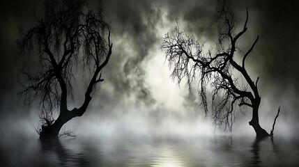 Foggy swamp, two bare trees, dark sky, moody atmosphere, Halloween background