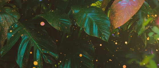 Poster - Exploration of vibrant tropical rainforest foliage with gold glitter accents