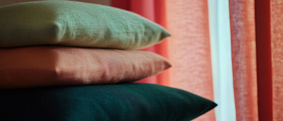 Poster - Soft washed silk cushions stacked against colorful curtains with a matte finish