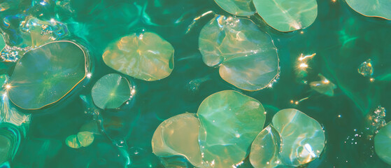 Poster - Lively water lily pads floating gently on a tranquil surface reflecting bright sunlight