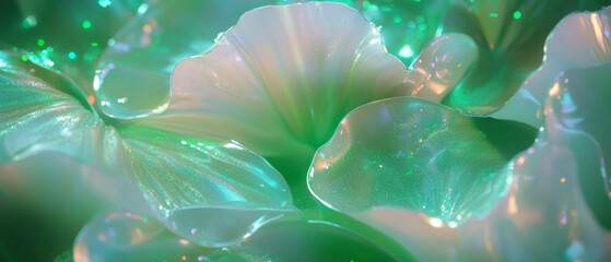 Poster - Rich texture of water lily pads glistening under light with vibrant green tones and smooth surfaces