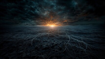 Aufkleber - Pulsating abstract nerve-like patterns with lightning effects over the horizon at dusk digital art atmospheric environment