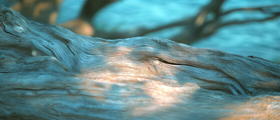 Poster - Weathered driftwood displays smooth texture and sun-bleached surface along a tranquil shore