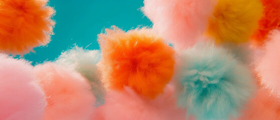 Aufkleber - Colorful yarn pom-poms create a soft, textured display against a vibrant background