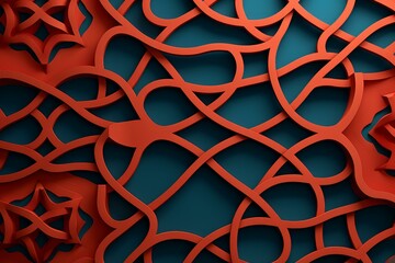 Poster - Complex red arabesque design elegantly overlaps a teal backdrop, forming an intricate and captivating visual pattern