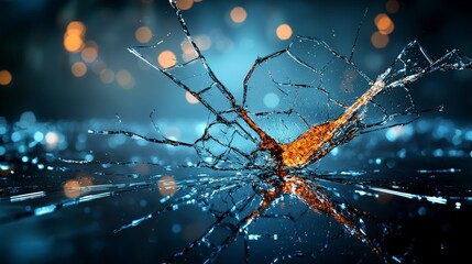 Poster - Dynamic cracks spreading across reflective glass surface studio action shot bright environment close-up visual impact