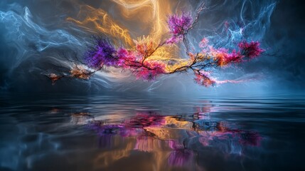 Poster - Ethereal light and shadow dance tranquil water digital art surreal environment aerial view dreamlike concept