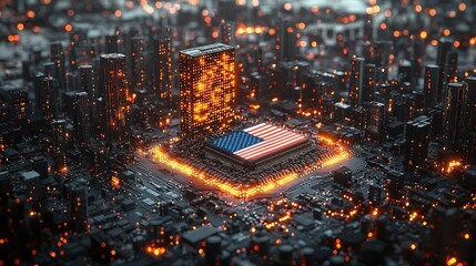 Poster - American Flag Embedded in Futuristic Cityscape Circuit Board