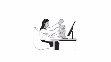 Poster - Overwhelmed professional woman multitasking at desk outline hand drawn 2D character animation. Multiple arms typing keyboard doodle drawing 4K video. Employee animated person handdrawn isolated