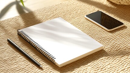 Wall Mural - Minimalistic workspace with a blank notebook, pen, and smartphone on a textured surface with soft shadows