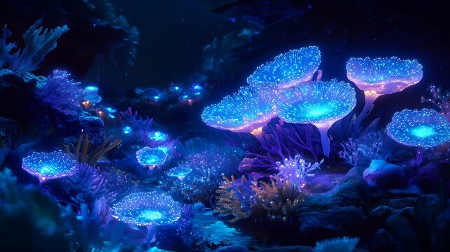 A radiant digital art of a glowing underwater world with coral reefs illuminated by bioluminescent organisms