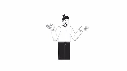 Poster - Professional man gesturing with hands and pointing outline hand drawn 2D character animation. Corporate communication doodle drawing 4K video. Businessman explaining animated person handdrawn isolated