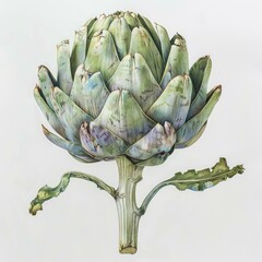 Poster - Detailed botanical illustration of an artichoke plant, showcasing the vibrant green and purple hues of its leaves and flower bud
